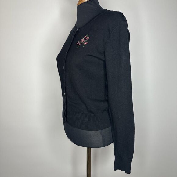 Black Sweater Sheer Lace Back Cardigan Flower Appliqué Sz S Gothic Layering - Picture 4 of 9